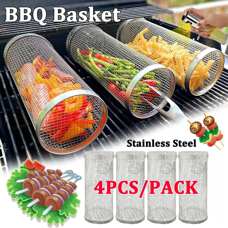 1-4 pçs rolamento grelhar cesta de aço inoxidável churrasqueira cesta malha portátil acampamento ao ar livre rack de churrasco acessórios de cozinha