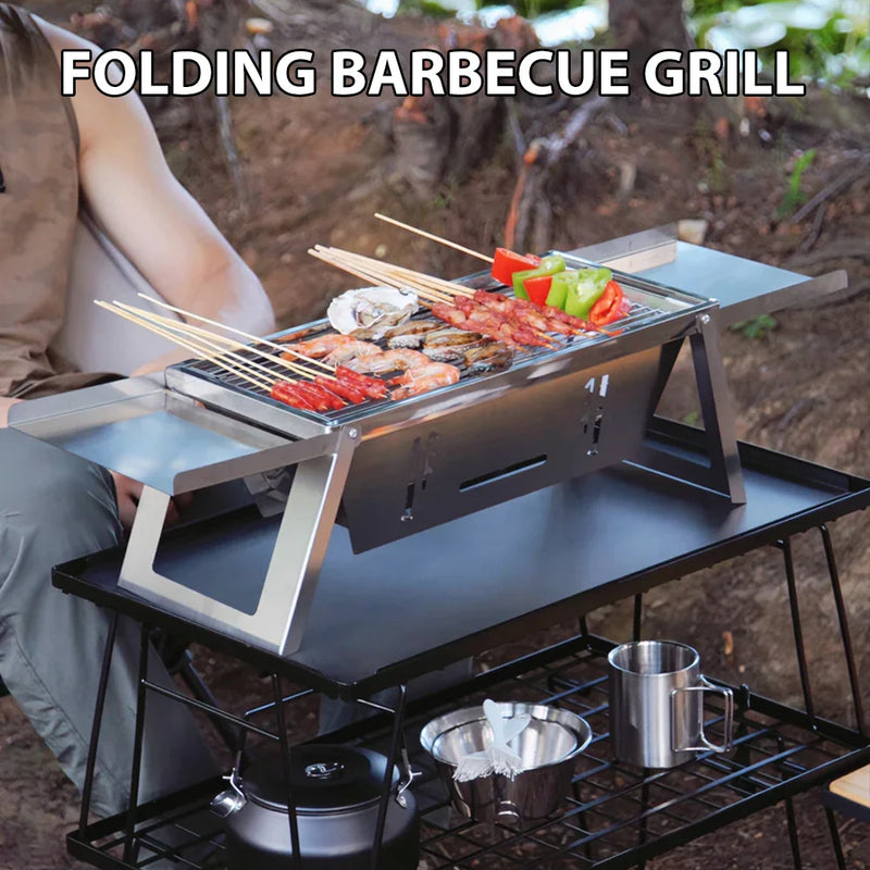 Grelha de churrasco dobrável de aço inoxidável para casa e ao ar livre, kebabs de carvão, churrasco dobrável portátil sem fumaça